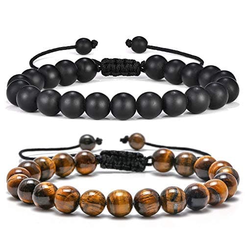 M MOOHAM Mens Bracelet Gifts for Him - Tiger Eye Black Matte Agate Mens Adjustable Bracelet Gifts for Teen Boy 16-18 - Image 1