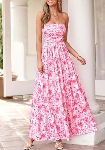 BTFBM Summer Maxi Dresses for Women 2026 Strapless Tube Top Floral Spring Wedding Guest Dress Beach Vacation Outfits(Pink Flower, XX-Large) - Thumbnail 4