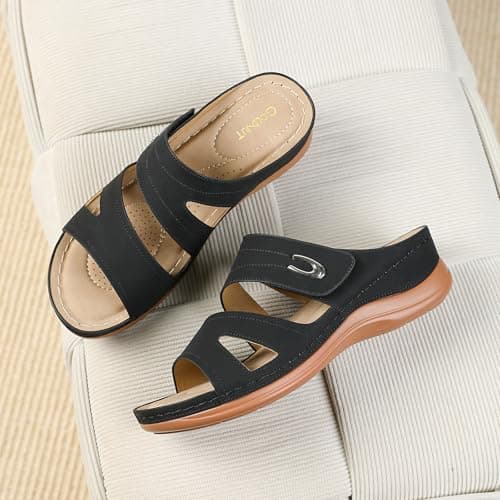 Goldnut Black Wedge Sandals for Women Dressy, Slip On Womens Slide Comfortable Walking Platform Sandals Summer Size 6.5 - Thumbnail 3