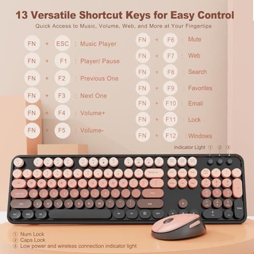 Nowlike Wireless Keyboard and Mouse Combo, Retro Typewriter Keyboard with Round Keycaps, Full-Size Ergonomic, Aurora Red, Ideal for Windows PC, Home, Office, and College - Thumbnail 3