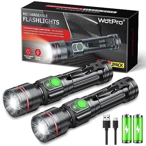 WdtPro 2 Pack Flashlights Rechargeable, Bright Mini LED Pocket Flash Lights with Clip, Zoomable, Dual Switch, 5 Modes, Waterproof Flashlight for Camping Outdoor Home Emergency (Battery Included)