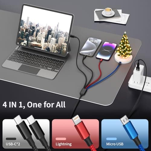 Travel 4 in 2 Charging Cable, USBA/C Multi Charging Cable for Multiple Devices with Two Type-C/Lightning/Micro USB, iPhone Charger Cord for iPhone17-12, Androids iPad, Car Accessories (2Packs, 5FT) - Thumbnail 3