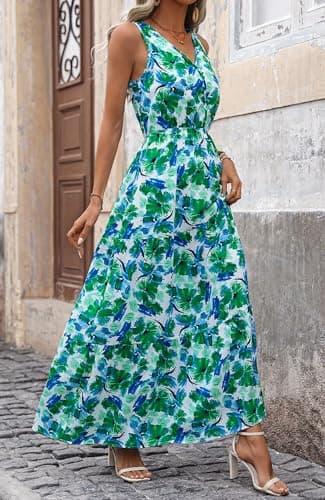 BTFBM Women Summer Dresses Casual Sleeveless Maxi Dresses Cute Floral Long Dress Wedding Guest Dress(Green Flower,Medium) - Thumbnail 5