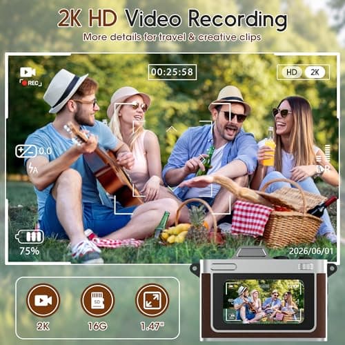 Dienspeak Tiny Digital Camera, Vintage Mini Keychain Camera for Teens & Beginners, Premium Leather Portable Small Camcorder with 16GB Card, 2K HD Video Recorder for Travel and Vlogging, Brown - Thumbnail 3