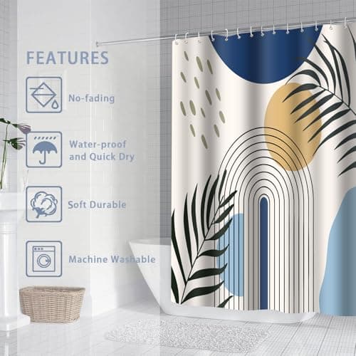LYLYCTY Boho Shower Curtain Set, Blue Bohemian Mid Century Leaf Sun Modern Shower Curtains for Bathroom Decor Waterproof Fabric with 12 Hooks 72x72 Inches - Thumbnail 4