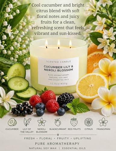 Cucumber Lily & Neroli Orange Blossom 3-Wick Soy Scented Candle, 15.8 oz | Spa Fresh Aromatherapy Candle | Large Scented Candle for Home, Long Lasting & Clean Burning - Thumbnail 2