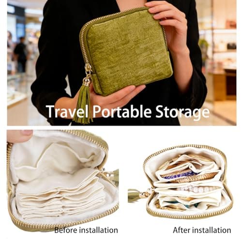 ASINGYER Travel Jewelry Storage Bag for Women, Velvet Portable Jewelry Organizer with Tassel Zipper, Small Pouches for Bracelets Necklaces Rings Earrings, Wedding Gift for Women (Green) - Thumbnail 3