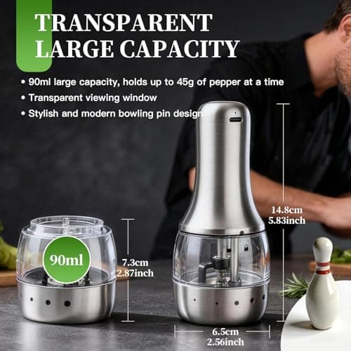 Electric Salt and Pepper Grinder Mill Set, 90ml Rechargeable Automatic Salt and Pepper Shakers with Dusty Tray, LED Lights, 5 Adjustable Coarseness for Kitchen, Outdoor Birthday Gifts for Women Mom - Thumbnail 6