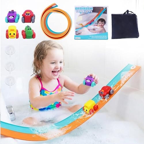 Resosese Race Car Bath Toys Set, 8-Piece Extra Long Flexible Bathtub Track Set with 4 Mini Cars, Suction Cups & Mesh Storage Bag, DIY Water Slide Toy Gift for Boys Girls Ages 3+ - Image 1