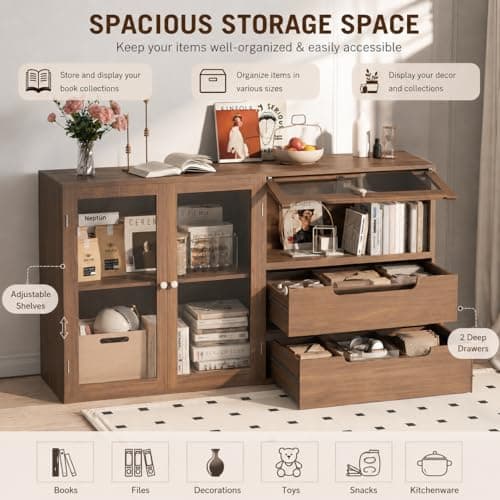 Easyego 63‘’Storage Cabinet,Sideboard Buffet Cabinet with Glass Doors and Drawers,Modern Wood Coffee Bar for Kitchen, Living Room,Dining Room，Entryway-Walnut - Thumbnail 4
