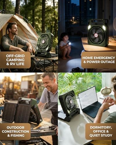 22000mAh Camping fan with Dual Solar Panel, 10" Rechargeable Solar Powered Fans with LED Light and Arc Flashlight for Outside, 180° Swivel Oscillating Battery Operated Tent Cooler for Picnic, Fishing - Thumbnail 6
