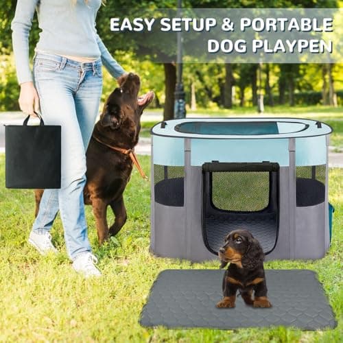 Portable Dog Cat Playpen with Waterproof Pad,Collapsible Pet Puppy Kitten Crate,Foldable Small Animals Kennel Cage for Indoor Outdoor Travel Camping,Water-Resistant Breathable Shade Cover (Green M) - Thumbnail 6