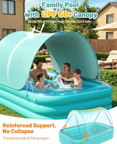 HeySplash Inflatable Pool with Canopy, Large Inflatable Swimming Pool for Adults & Kids, Blow Up Pool Thickened Family Pool for Outdoor Backyard Garden Party Summer Fun, 102" x 65" x 22"(Green) - Thumbnail 2