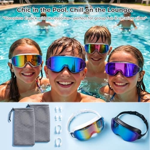 Aegend 2 Pack Swim Goggles For Youth Ages 8-16&Adult(Small Faces), Large Frameless Wide View No-Leak Silicone Seal Anti-Fog/UV, with Earplugs Nose Clips Mesh Bags for Teens Boys Girls Swimming - Thumbnail 4