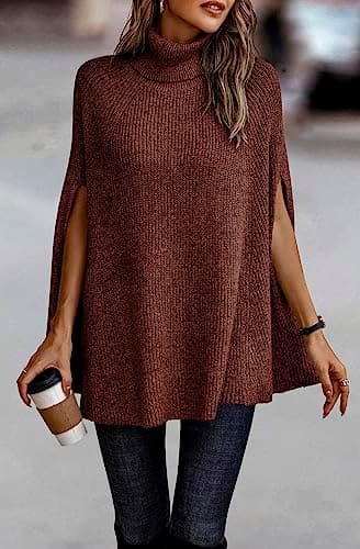 KIRUNDO Women's 2026 Fall Winter Turtleneck Poncho Sweater Fashion Chunky Knit Cape Wrap Sweaters Pullover Jumper Tops(Red Brown, Small) - Thumbnail 6