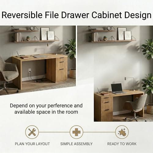 FURSUN 58" Home Office Desk with Power Outlet & File Cabinet, Modern Fluted Executive Desk with 3 Storage Drawers, Large Computer Workstation for Study & Bedroom, Oak - Thumbnail 4