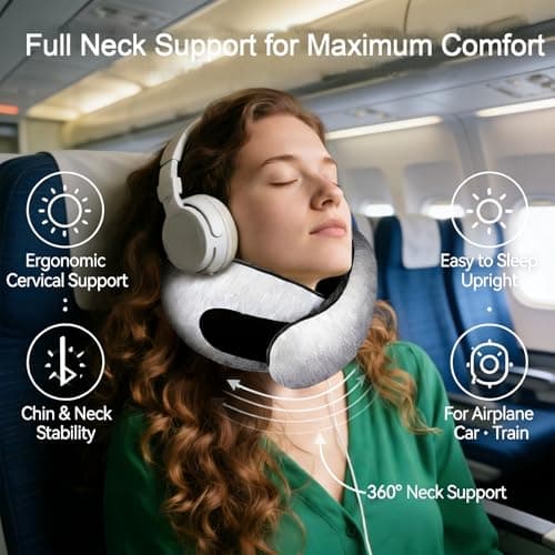 Travel Neck Pillow for Airplane, Memory Foam Neck Pillow with 360° Support, Adjustable Velcro, Breathable Washable Cover, Compact and Packable for Long Flights, Car, Train & Office,(Light Grey) - Thumbnail 3