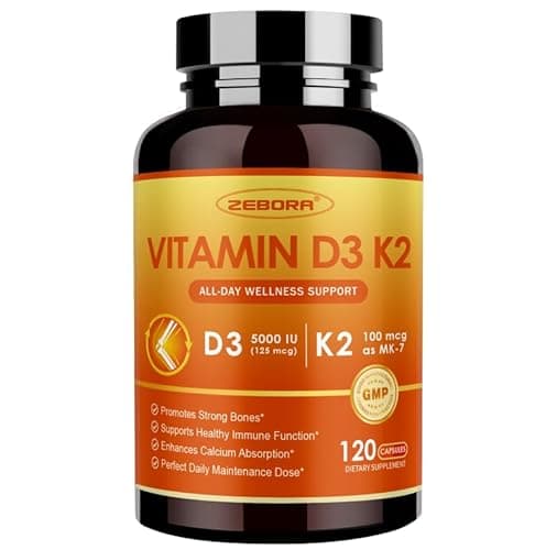 ZEBORA Vitamin D3 K2 5000 IU, 6-in-1 D3K2 Supplements for Bone & Immune Support, with Magnesium, Calcium, Phosphorus & Vitamin C, Maximum Strength for Men & Women, 120 Capsules - Image 1