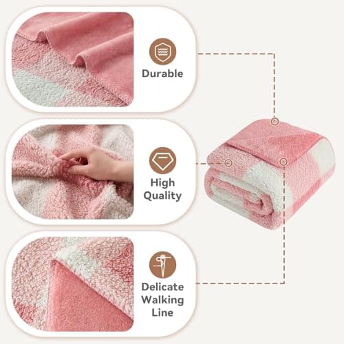 LURKA Checkered Sherpa Fleece Throw Blanket – Soft and Cozy, Medium Weight for All Season, Plush Throw for Couch, Bed & Pets, Powder Pink, 50x60 Inches - Thumbnail 3