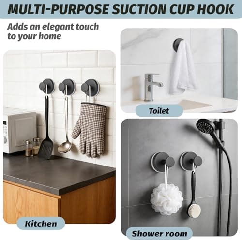 warlve Large 15lb Suction Cup Hooks for Shower, No-Drill Bathroom Towel Hooks for Robes, Loofah, Removable Mountable on Glass, Tile, Mirrors, Smooth Non-Porous Surfaces (2, Matte Black) - Thumbnail 5