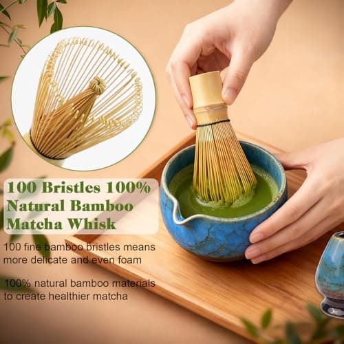 HEYMKGO Matcha Whisk Set 8 Pcs, Sapphire Blue Matcha Bowl with Spout, Bamboo Whisk & Holder, Scoop, Scoop Rest, Sifter, Bamboo Spoon & Tea Towel - Traditional Japanese Matcha Tea Ceremony Kit - Thumbnail 3