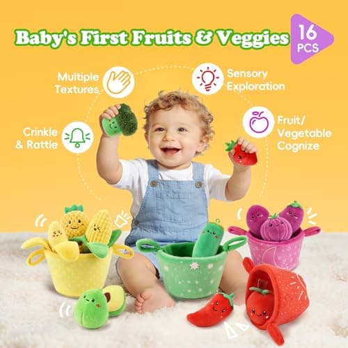 SAIMAND Baby Toys 6–12 Months, 16PCS My First Fruit Vegetable Sensory Toys for Babies Infants, Color Sorting Play Food with Crinkle & Rattle, Montessori Toys for 1 Year Old Toddlers Boys Girls - Thumbnail 3