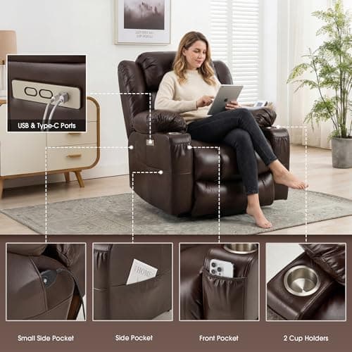 Kasunpul Oversized Power Lift Recliner with Massage and Heat for Elderly, Heavy Duty Reclining Chair, Faux Breathable Leather, Includes USB/Type-C Ports, 2 Cup Holders& Remote Control, Brown - Thumbnail 3