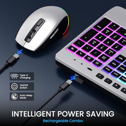 Silver Wireless Keyboard and Mouse Combo - Dual System RGB Backlit Mouse and Keyboard Advanced Optical Tracking, Lag-Free Wireless,Ergonomic Keyboard, 90% Less Noise Silver-V1 - Thumbnail 4