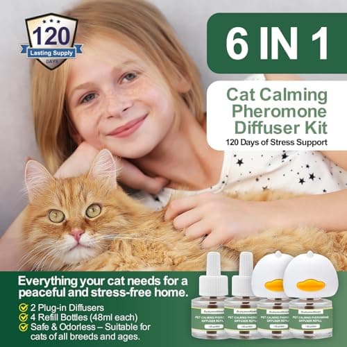 Cat Calming Pheromone Diffuser Set, Pet Calming Plug-in Kit (2 Diffusers + 4 Refills), Reduces Cat Stress, Aggression, Fighting, Marking, Meowing, Travel, Vet Visit Anxiety, 120 Days, Non-Toxic, Safe - Thumbnail 2