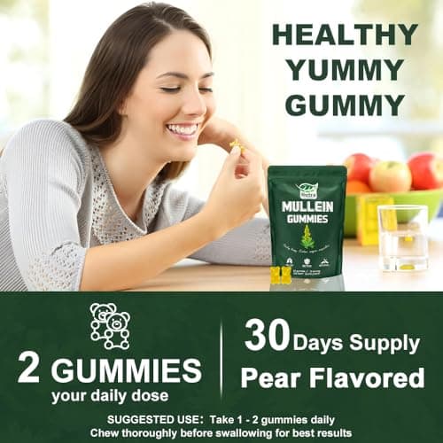 NutraNourish Mullein Gummies for Lung Detox 1000mg Mullein Leaf Herb Extract for Respiratory & Digestive & Immune Support, Vegan, Pear Flavor 60/120 (2) - Thumbnail 3