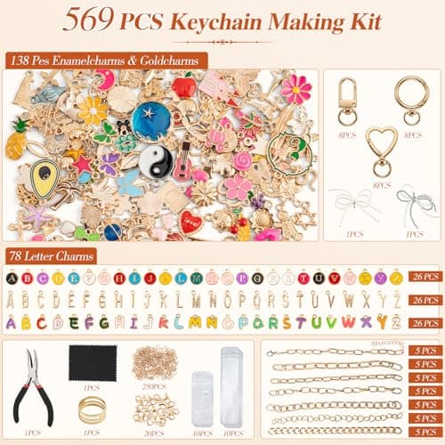 569Pcs Charms Lip Gloss Keychain Making Kit, Bracelet Making Kit, DIY Bag Charm Kit with Key Chain Hooks, Jump Rings, Lobster Clasps, Charms, Chains & Tools, Jewelry Pliers, Jewelry Craft Kit Supplies - Thumbnail 2