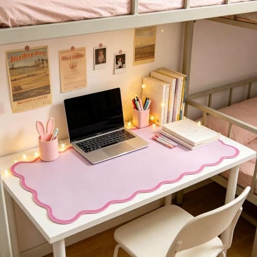 yuboo Pink Scalloped Desk Mat, 31" x 15.7" Large Waterproof Pastel Desk Mat Kawaii Cottagecore Aesthetic Desk Pad Desktop Keyboard Mouse Mat for Dorm Office Gaming Decor - Thumbnail 2