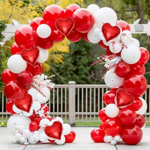 Red White Balloon Garland Arch Kit, 160Pcs Red and White Balloons with Heart Foil Balloons for Romantic Wedding Birthday Party Bridal Shower Valentines Day Decorations - Image 1