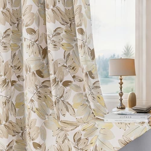 BROSHAN Beige Blackout Curtains 63 Inch Length Thermal Insulated Curtains for Bedroom Living Room - Vintage Leaf Pattern, Grommet Top Room Darkening Drapes (2 Panels, 52x63 Inches Each) - Image 1
