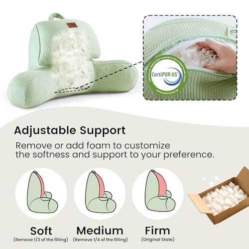 Amélie Home Premium Cooling Waffle Reading Pillow, Qmax>0.37 Ergonomic Backrest Support with Pocket & Handle, Breathable Lounging Pillow for Bed Sofa Floor Summer, 17 Inches, Sage Green - Thumbnail 4
