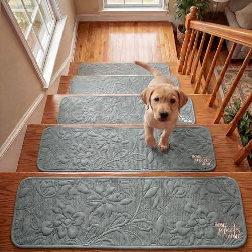 Soft Stair Treads 8x30, Plush Cotton Cushioned Carpet for Hardwood Floors, Non-Slip Silicone Backing No Adhesive, Quiet Safety Mats for Kids & Pets, Machine Washable-Blue - Image 1
