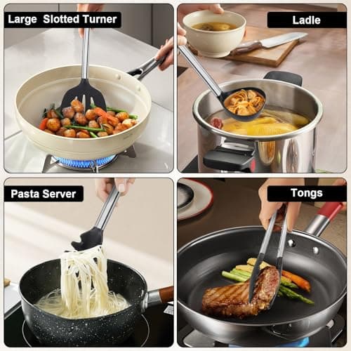 Silicone Cooking Utensils Set, Vayvnt 8 PCS Kitchen Utensils Set with Stainless Steel Handle, Heat Resistant Kitchen Tools for Nonstick Cookware, Large Spatula Spoons Turner, Dishwasher Safe, Black - Thumbnail 6