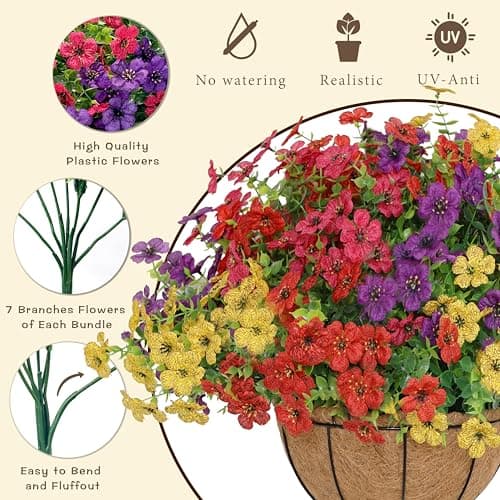 Senjie 12 Bundles Artificial Hanging Flowers with Basket for Outdoor Decor, UV Resistant Faux Flowers Fake Hanging Planter for Porch Patio Balcony - Thumbnail 5