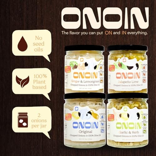 ONOIN Chopped Onions in 100% Olive Oil - Seed Oil Free & Ready-to-Use Flavor Base & Topping | Variety Pack 9 oz (Pack of 4) In Glass Jar | Fresh Marinated Onions & All Natural Cooking Base for Sauces, Soups, & Recipes - Thumbnail 5