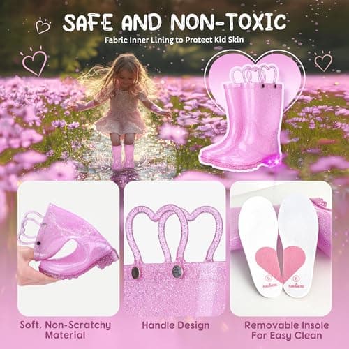 Funspread Girls Toddler Rain Boots - Glitter Light Up Kids Rain Boots with Easy-On Handles, Lightweight Waterproof Rain Shoes Glitter Pink Size 13 - Thumbnail 3