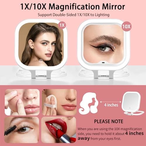 DESCHEN Travel Makeup Mirror with Lights, Rechargeable 1X/10X Magnifying Vanity Mirror, Portable Lighted Makeup Mirror with Magnification & 3 Color Light, Dimmable Touch Screen, Folding LED Mirror 7" - Thumbnail 2