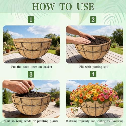 EINYEXW 12 Inch 3 Pack Hanging Baskets Planters for Outdoor Plants - Wire Hanging Baskets Plant for Plants Outdoor with Coco Liners Minimalist Metal Hanging Pots for Outside Garden Patio Porch Decor - Thumbnail 6