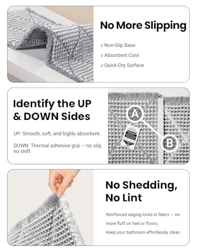 Furicher Waffle Bath Mat Set, Non Slip Bathroom Rugs Sets 2 Piece, Ultra Absorbent Long Bath Rug Runner for Bathroom Decor, Machine Washable Boho Mats, Grey & White, 20"×47" Plus 18"×30" - Thumbnail 3