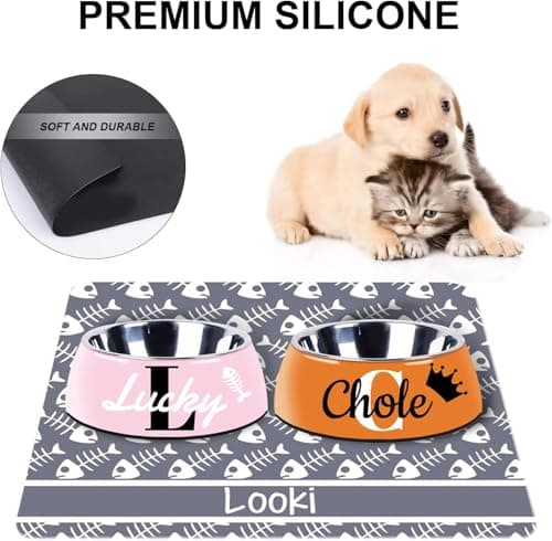 Personalized Dog Cat Food Mat PU Non-Slip at The Bottom Dog Bowl Mat Dog Mat for Food and Water Custom Pet Dog Food Mats for Floors Waterproof (Fish Bone) - Thumbnail 2
