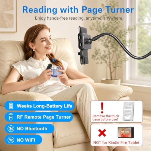 Kefotic Gooseneck Tablet Holder for Kindle Reading in Bed with Page Turner Remote, Hands Free Desk Bedside Lazy Arm Stand for Kindle Accessories, Gifts for Readers - Thumbnail 2