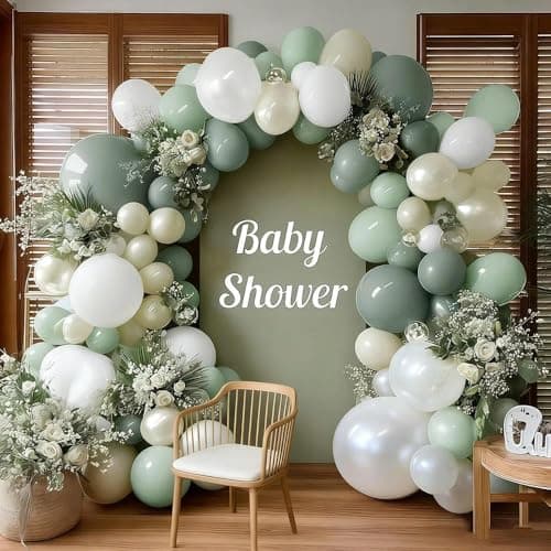 Sage Green White Balloon Garland, Double Stuffed Dusty Green Sand White Pearl Balloons Pastel Balloon Arch Kit for Baby Shower Birthday Bridal Wedding Gender Reveal Graduation Party Decorations - Image 1