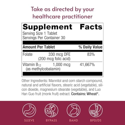 Bariatric Advantage B-12 Speedy Melts, Vitamin B12 1000 mcg Supplement, Fast Melting with 200 mcg of Folic Acid for Nutritional Support - Peppermint, 30 Count - Thumbnail 4