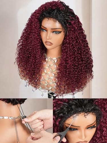 shangyinfa T1B/99J Water Wave Half Wig Human Hair | Drawstring Flip Over 3-In-1 Wig | Secure Fit with 4C Edges | Beginner Friendly | Slay 3B/3C Curls At The Gym | No Slip, No Glue | 22 Inch - Image 1