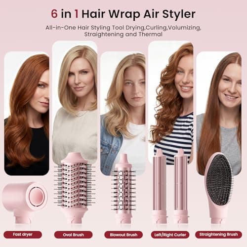 MESCOMB 6 in 1 Hot Air Styler Wrap, Professional Hair Styler with Thermal Round Brush for Blowouts, Fast Drying for Blow Dry, Curling, Volumizing, Straightening, Salon Results in Minutes (Light Pink) - Thumbnail 2