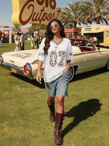 TAKEYAL Oversized Tshirts for Women Football Jersey V Neck Vintage Graphic Tees Summer Y2K Womens Tops Trendy X-Large White - Thumbnail 6